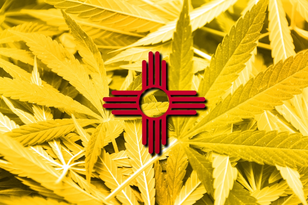 New Mexico State Flag on cannabis background. Drug policy. Legalization of marijuana